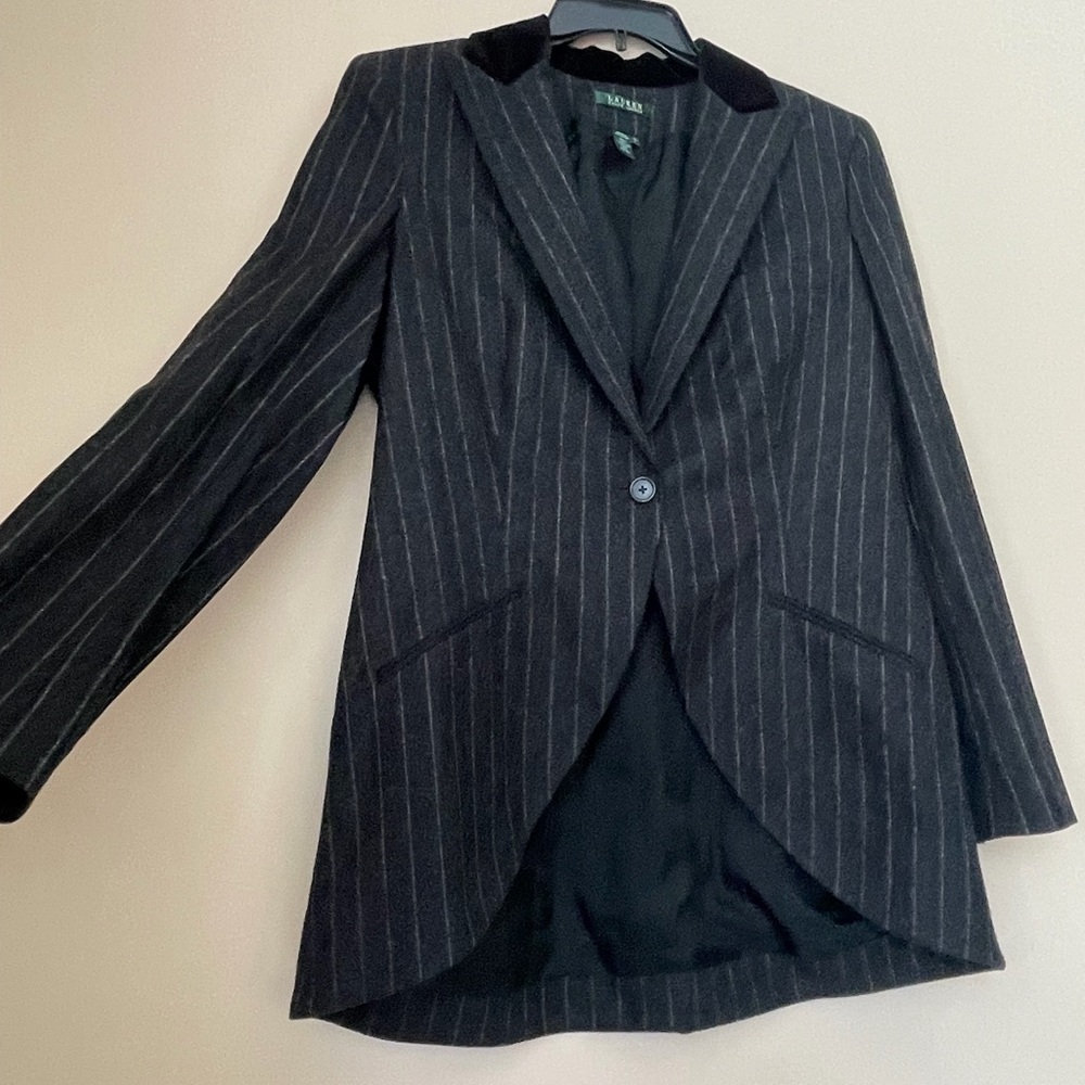 Ralph Lauren Blazer Pinstripe Velvet Collar 100%Lambwool One Button DarkAcademia - Picture 11 of 16